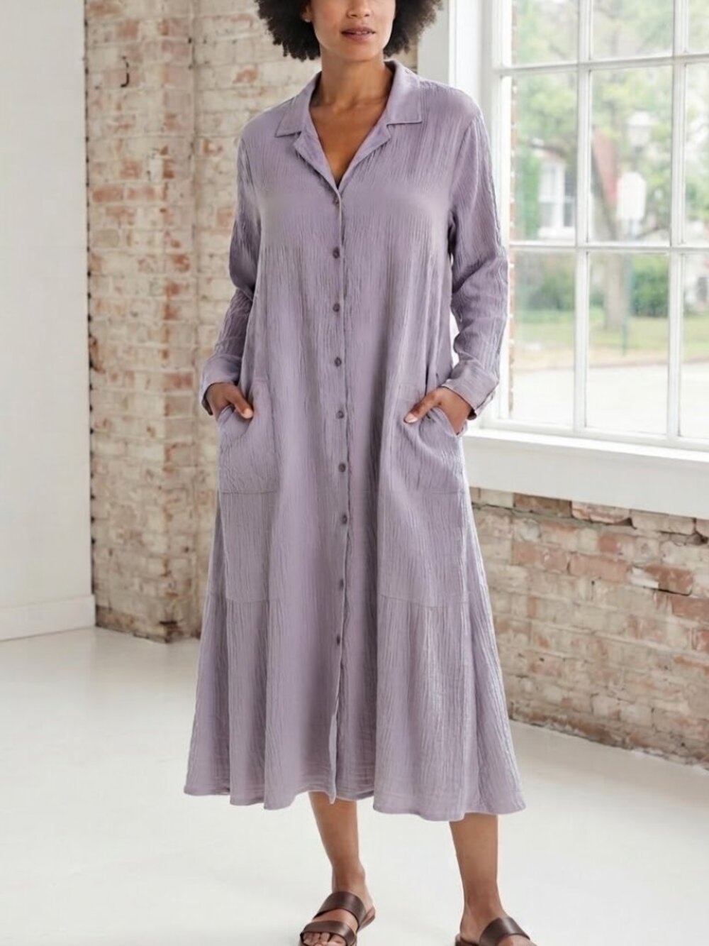 Vintage FLAX By Jeanne Englehart Lavender Long Sleeve Midi Dress Large Lagenlook